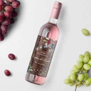 Rustic Wood Burgundy Blommigt Ljus Bröllop Vinflaska Etikett