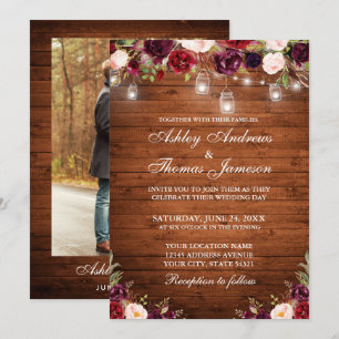 Rustic Wood Burgundy Blommigt Ljus Photo Bröllop Inbjudningar