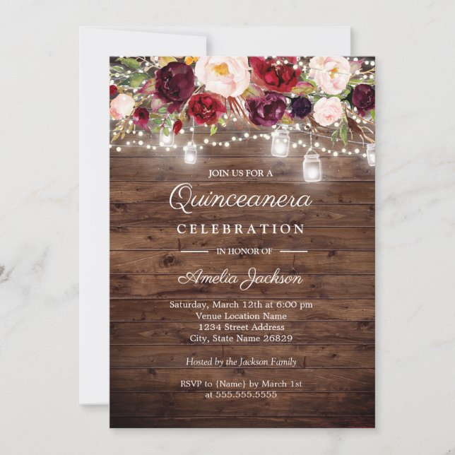 Rustic Wood Burgundy Blommigt Ljus Quinceanera Inbjudningar (Framsida)