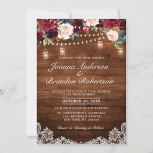 Rustic Wood Burgundy Blommigt Mason Burk Bröllop Inbjudningar