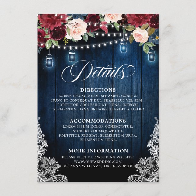 Rustic Wood Burgundy Blommigt Mason Burk Bröllop Tilläggskort (Framsida)