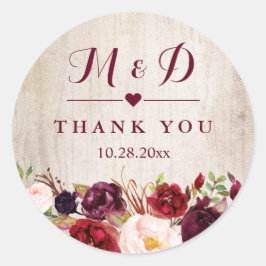 Rustic Wood Burgundy Blommigt Monogram Wedding Fav Runt Klistermärke