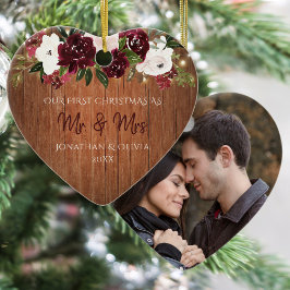 Rustic Wood Burgundy Blommigt Newlyged Photo Julgransprydnad Keramik