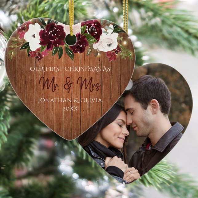 Rustic Wood Burgundy Blommigt Newlyged Photo Julgransprydnad Keramik (Skapare uppladdad)