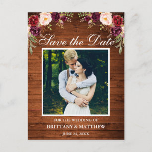 Rustic Wood Burgundy Blommigt Photo Save Date Vykort