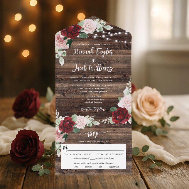 Rustic Wood Burgundy Blommigt String Ljus Bröllop (Skapare uppladdad)
