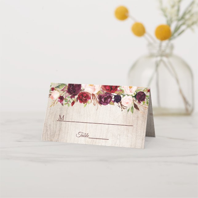 Rustic Wood Burgundy  Blommigten Bröllop Bord Placeringskort (Framsida)