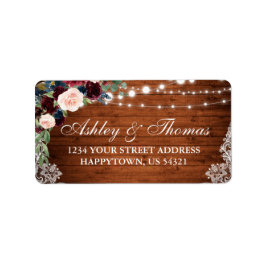 Rustic Wood Burgundy Blue Blommigt Adress Adressetikett