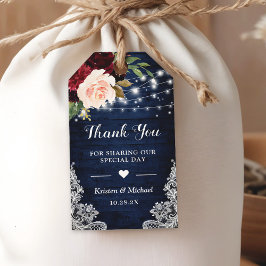 Rustic Wood Burgundy Blue Blommigt Bröllop Tack Presentetikett