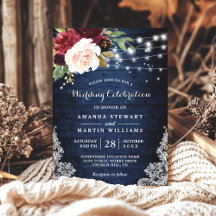 Rustic Wood Burgundy Blue Blommigt Ljus Bröllop