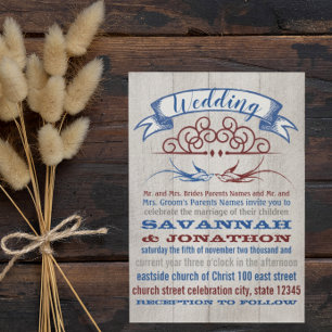 Rustic Wood Burgundy Blue Vintage Lovebird Bröllop Inbjudningar