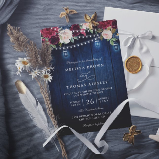 Rustic Wood Burgundy Floral Mason QR Code Wedding Inbjudningar (Skapare uppladdad)