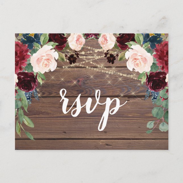 Rustic Wood Burgundy Flowers OSA kort (Framsida)