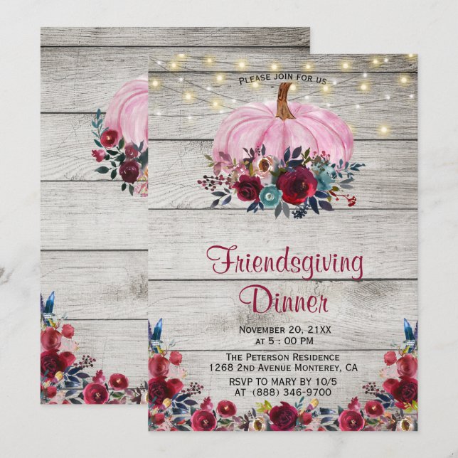 Rustic Wood Burgundy Friendsgiving-inbjudan Inbjudningar (Fram/baksida)