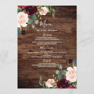 Rustic Wood Burgundy Red Vin Flowers Bröllop Meny