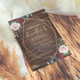 Rustic Wood Burgundy Ro Guld Geometric Bröllop Inbjudningar