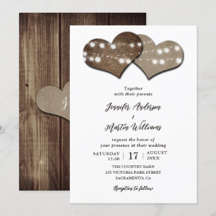 Rustic Wood Burlap Hearts Bröllop Inbjudningar