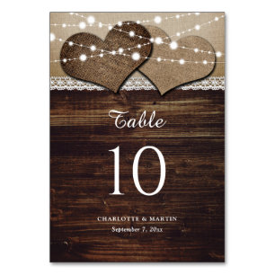 Rustic Wood Burlap och Snöre Bordsnummer Cards