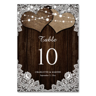 Rustic Wood Burlap och Snöre Bordsnummer Cards