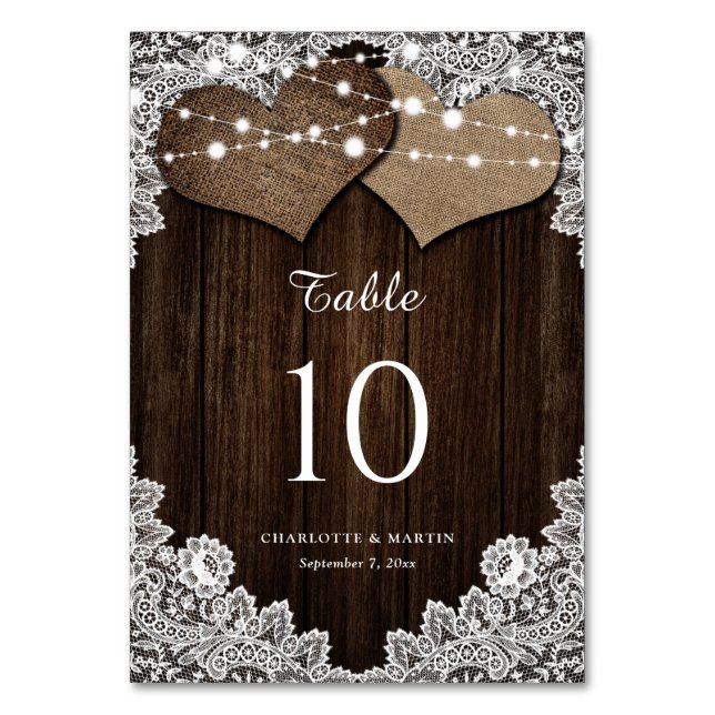 Rustic Wood Burlap och Snöre Bordsnummer Cards (Framsidan)
