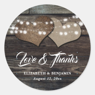 Rustic Wood Burlap och Snöre Wedding Favor Sticker Runt Klistermärke