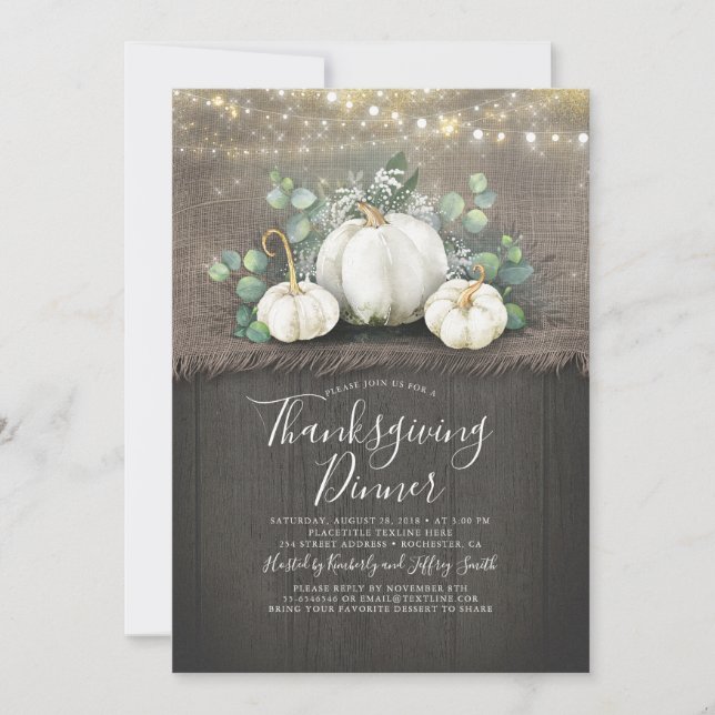 Rustic Wood Burlap Pumpkin Thanksgiving Middag Inbjudningar (Framsida)