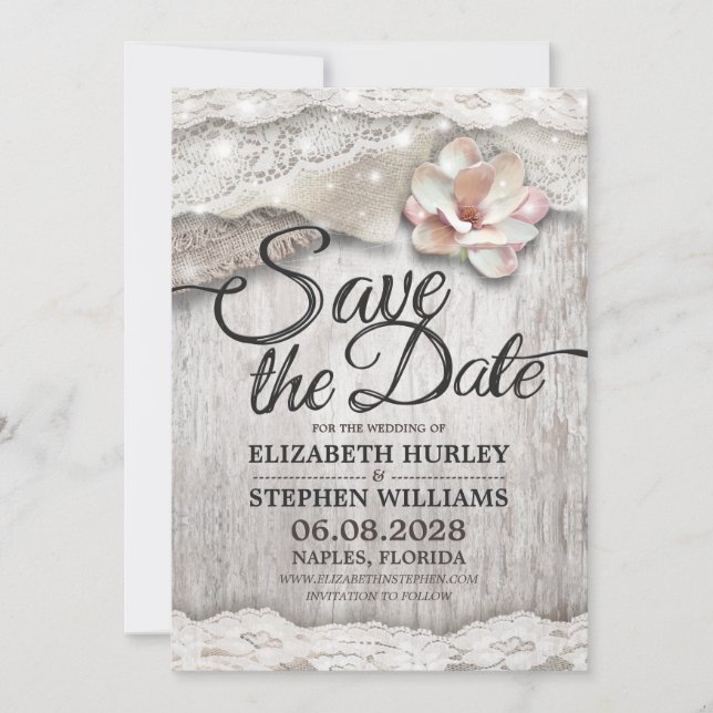 Rustic Wood Burlap Snöre Barn Bröllop spara datum Spara Datumet (Framsida)