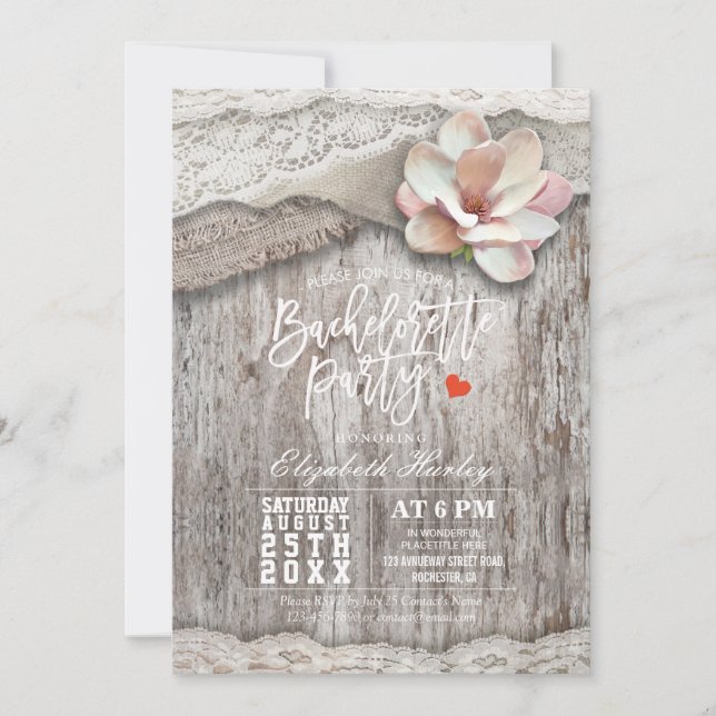 Rustic Wood Burlap Snöre Blommigt Bachelorette Par Inbjudningar (Framsida)