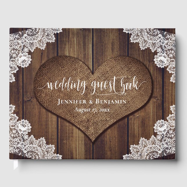 Rustic Wood Burlap Snöre Bröllop Guest Bok (Framsida)