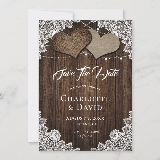 Rustic Wood Burlap Snöre Bröllop spara datum Card Datumet (Framsida)