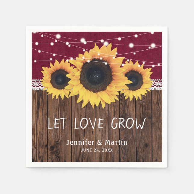 Rustic Wood Burlap Snöre Solros Burgundy Bröllop Pappersservett (Framsidan)