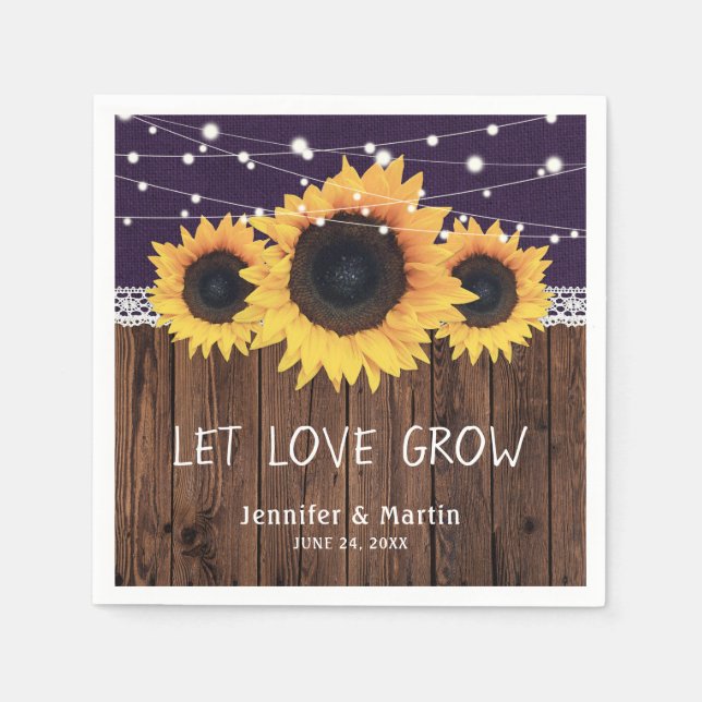 Rustic Wood Burlap Snöre Solros Lila Bröllop Pappersservett (Framsidan)