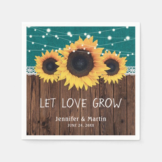 Rustic Wood Burlap Snöre Solros Teal Bröllop Pappersservett (Framsidan)