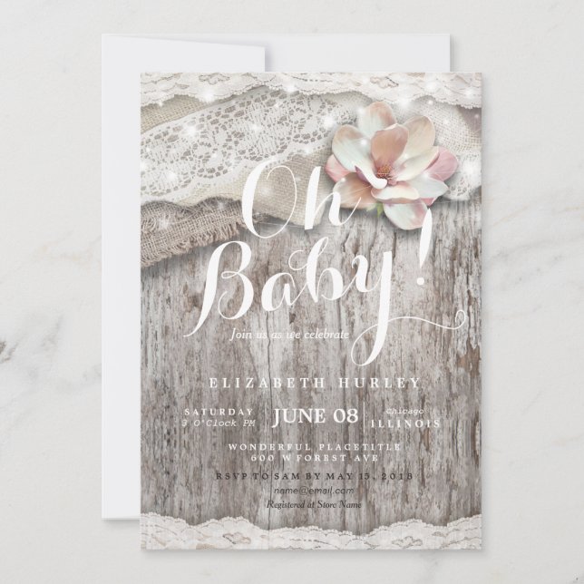 Rustic Wood Burlap Snöre String Ljus Baby Shower Inbjudningar (Framsida)
