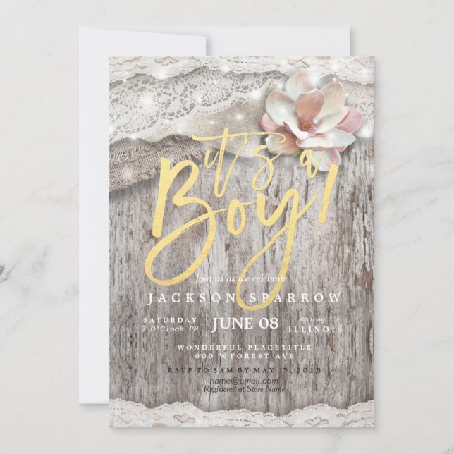 Rustic Wood Burlap Snöre String Ljus Baby Shower Inbjudningar (Framsida)