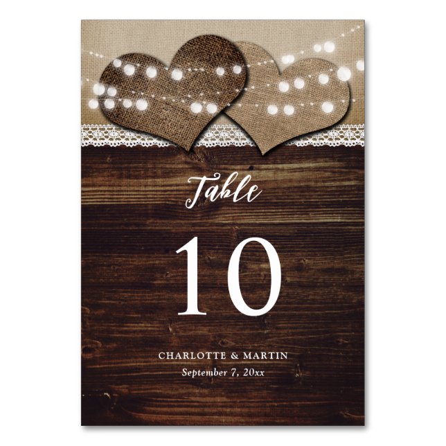 Rustic Wood Burlap Snöre String Ljus Barn Bröllop Bordsnummer (Framsidan)