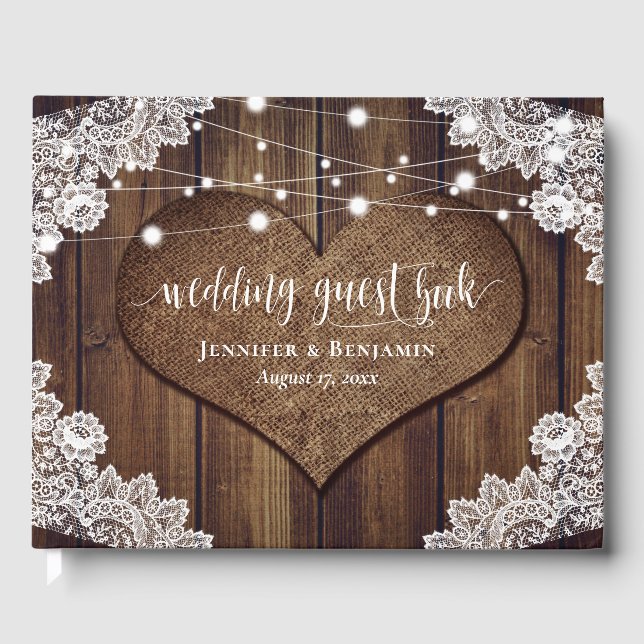 Rustic Wood Burlap Snöre String Ljus Bröllop Gästböcker (Framsida)