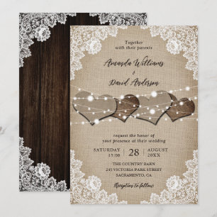 Rustic Wood Burlap Snöre String Ljus Bröllop Inbjudningar