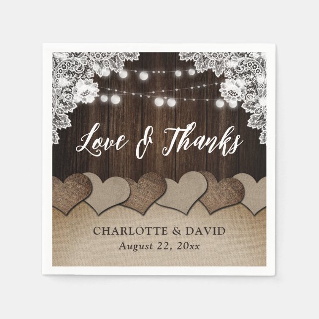 Rustic Wood Burlap Snöre String Ljus Bröllop Pappersservett (Framsidan)