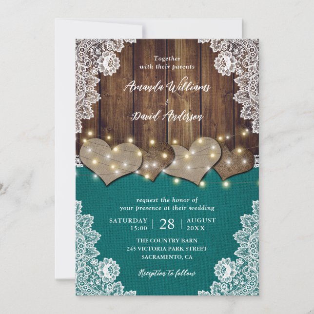 Rustic Wood Burlap Snöre Teal Wedding bjudits in Inbjudningar (Framsida)