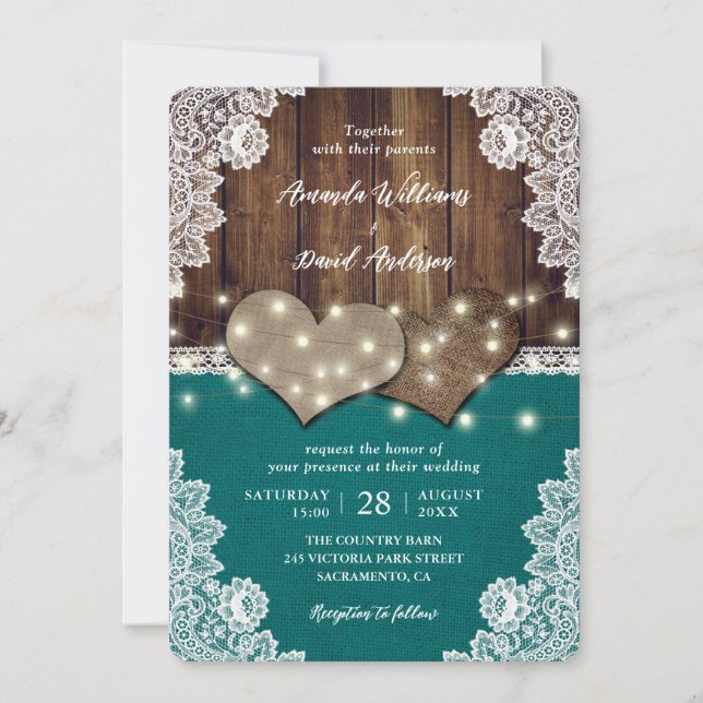 Rustic Wood Burlap Snöre Teal Wedding bjudits in Inbjudningar (Framsida)