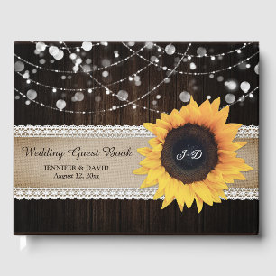 Rustic Wood Burlap Solros Bröllop Guest Bok