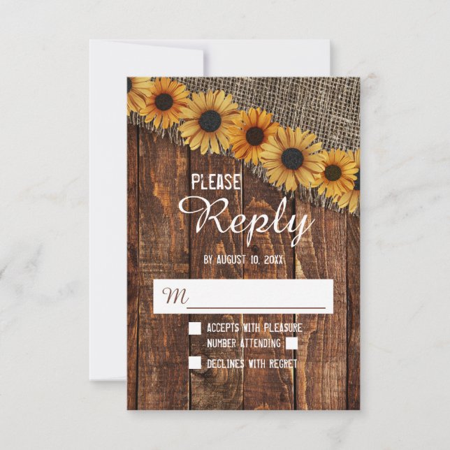 Rustic Wood & Burlap Solros Bröllop Reply OSA (Framsida)