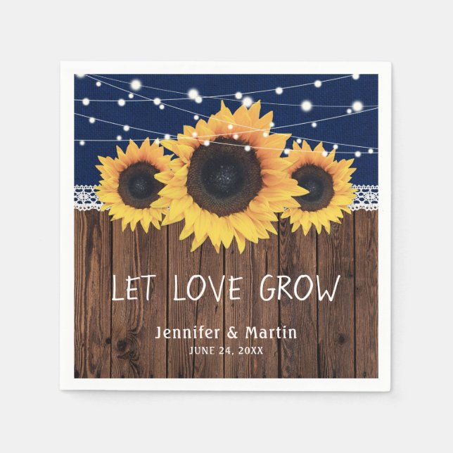 Rustic Wood Burlap Solros Navy Blue Bröllop Pappersservett (Framsidan)