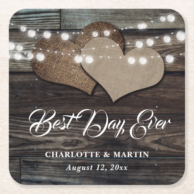 Rustic Wood Burlap String Ljus Bröllop Underlägg Papper Kvadrat (Framsidan)