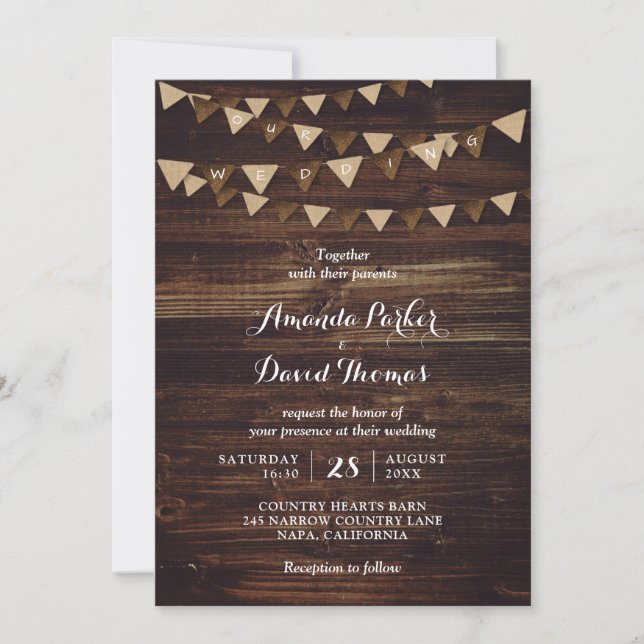 Rustic Wood Burlap Wedding bjudande Inbjudningar (Framsida)