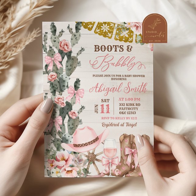 Rustic Wood Cactus Boots and Bubbly Bridal Shower Inbjudningar (Skapare uppladdad)