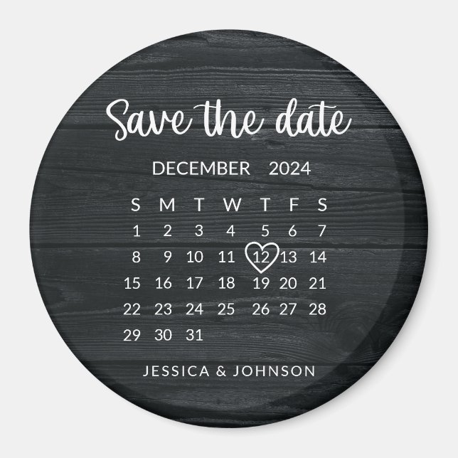 Rustic Wood Calendar Bröllop spara datum Magnet (Framsidan)