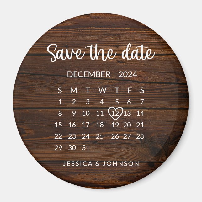 Rustic Wood Calendar Bröllop spara datum Magnet (Framsidan)