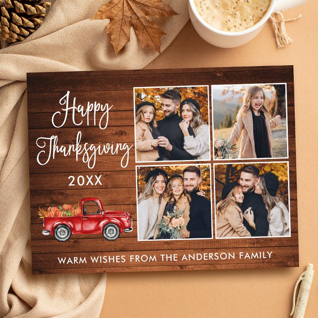 Rustic Wood Calligraphy 4 Photo Thanksgiving Lastb Vykort (Customize to change your personalized text size or text style.)